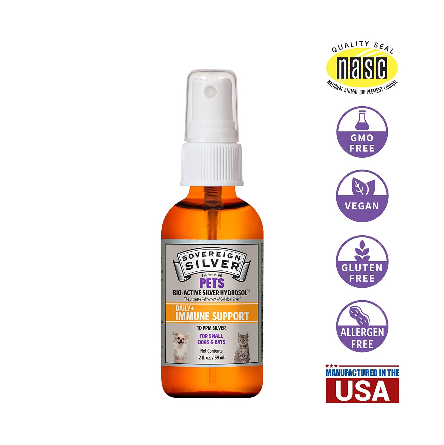 Sovereign Silver Pets Immune Support – 10 ppm Colloidal Silver Hydrosol, 2 oz Fine Mist