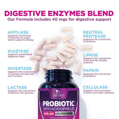 Probiotics 60B CFU – 10 Strains + Prebiotics | Digestive, Gut & Immune Support | 180 Capsules