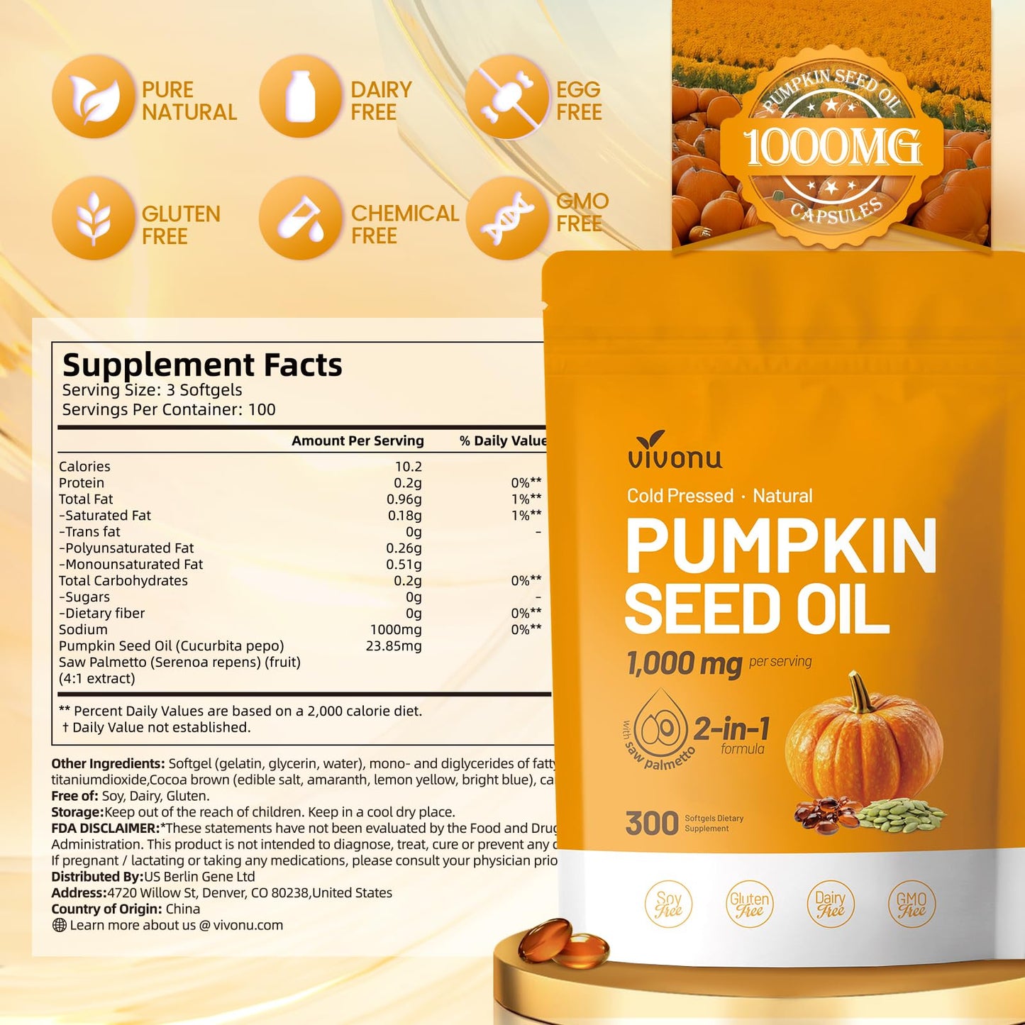 Pumpkin Seed Oil with Saw Palmetto – Cold-Pressed, 300 Softgels, Non-GMO
