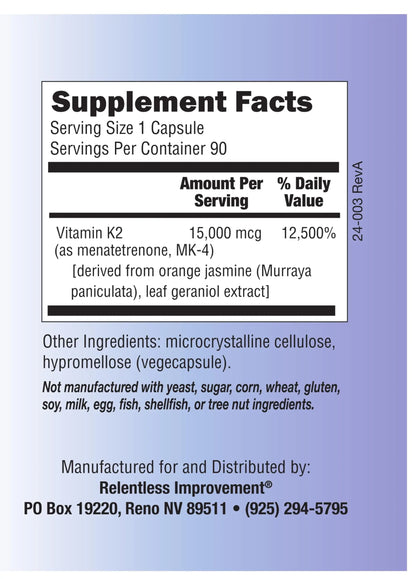 Relentless Improvement Vitamin K2 MK4 15,000 mcg — High-Potency, Soy-Free Vegi-Capsules BritishVita | Premium UK Vitamins & Wellness Supplements