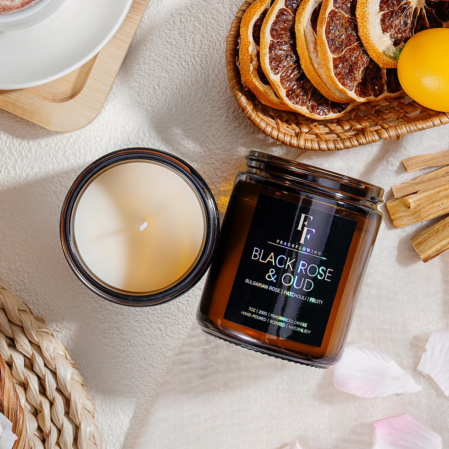 Black Rose & Oud Scented Candles – 7oz Soy Wax Jar | Aromatherapy Gift for Women & Men