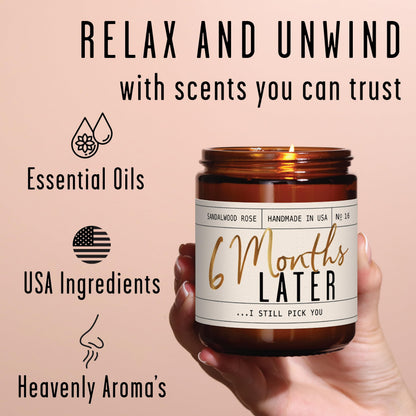 6 Month Anniversary Gift for Girlfriend - Sandalwood Rose Soy Candle, 9oz, USA Made