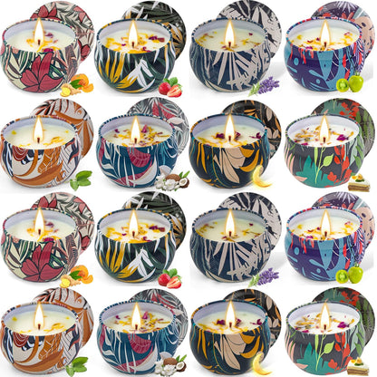 Soy Wax Candle Gift Set – 16 Pack with Dried Flowers | Aromatherapy Gifts