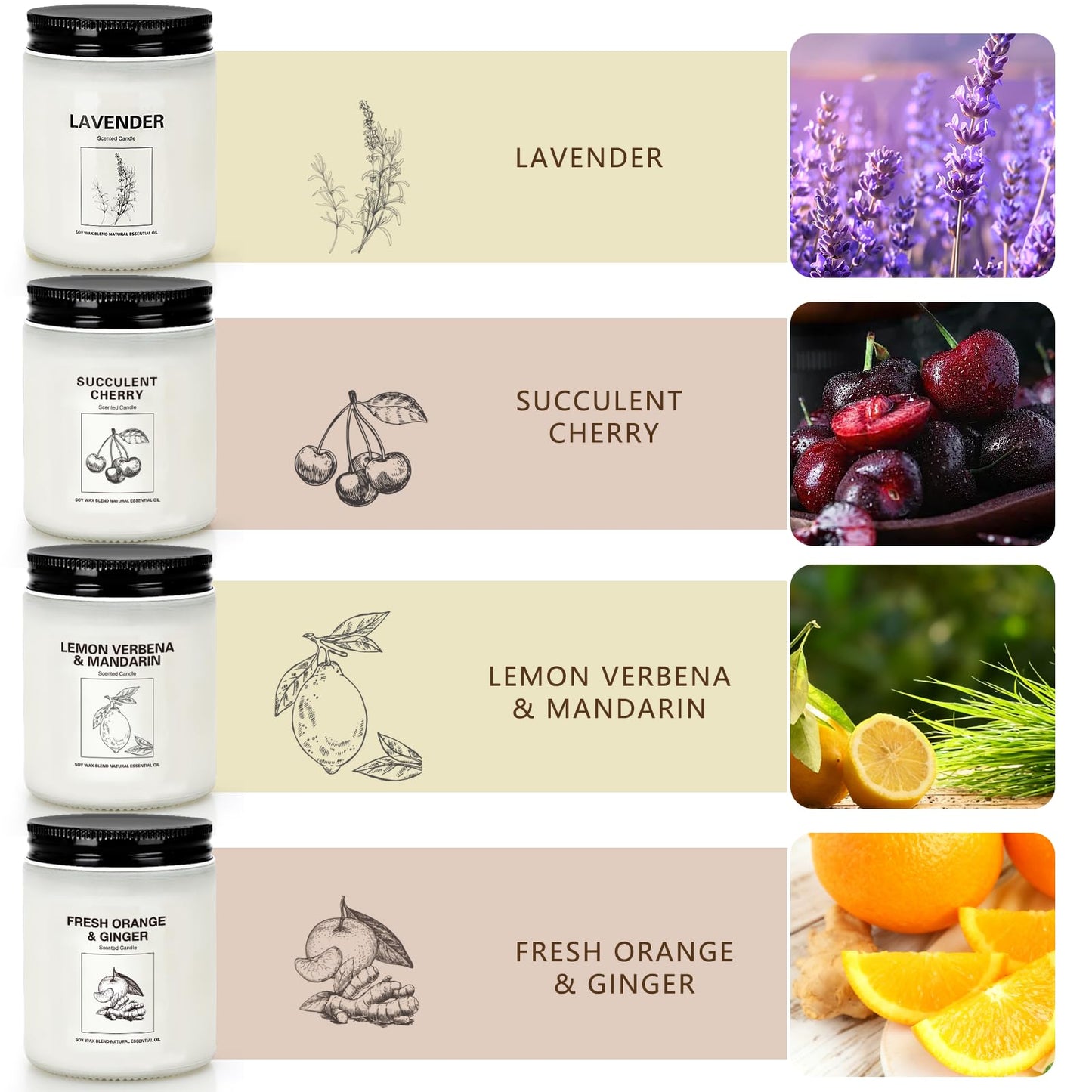 4 Pack Soy Wax Scented Candles Gift Set – Lavender, Orange & Lemon Verbena