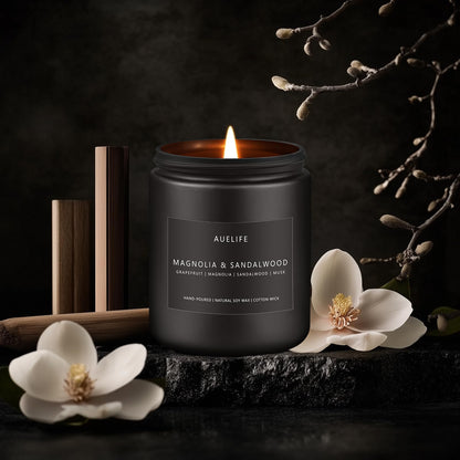 Magnolia & Sandalwood Candle | Masculine Soy Candle for Men | 7oz Black Jar