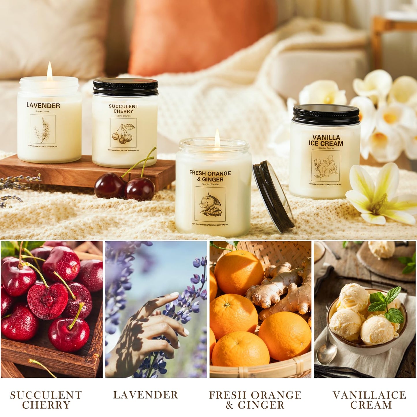 Soy Wax Scented Candle Gift Set – 4 Pack (Lavender, Orange & Ginger, Vanilla) | Long-Lasting Aromatherapy Candles