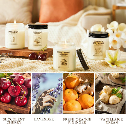 Soy Wax Scented Candle Gift Set – 4 Pack (Lavender, Orange & Ginger, Vanilla) | Long-Lasting Aromatherapy Candles