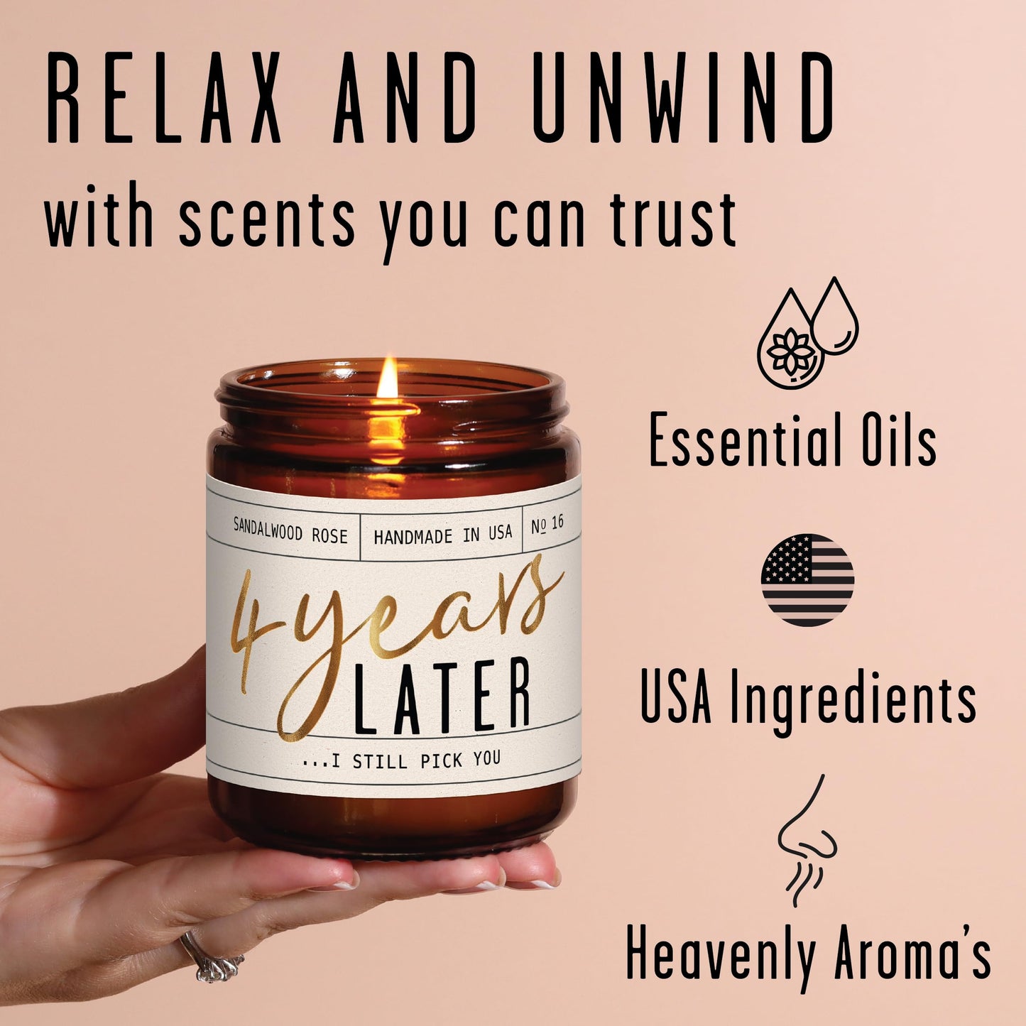 4th Anniversary Gift for Wife – Sandalwood Rose Soy Candle | 50-Hour Burn | USA Made