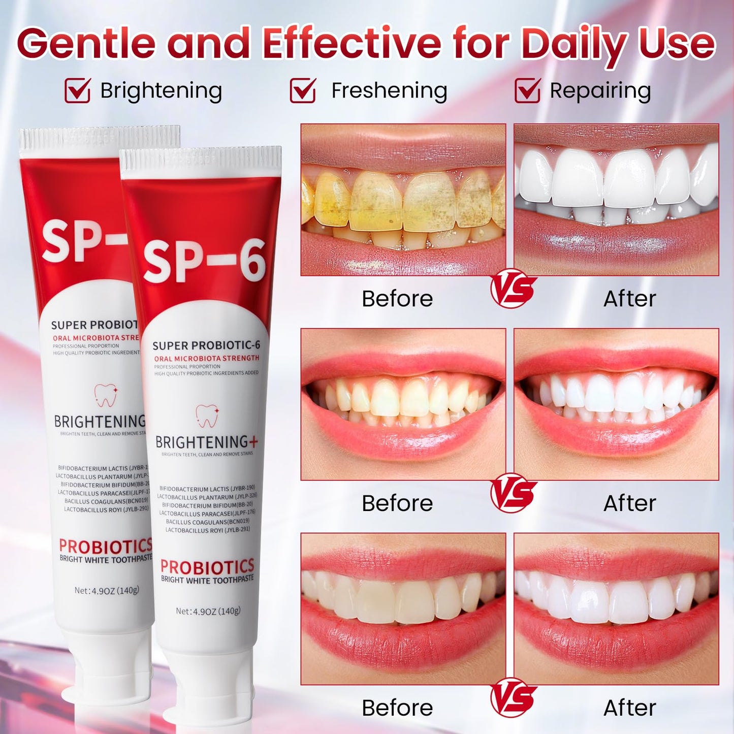 SP-6 Probiotic Whitening Toothpaste - 2 Pack, Fluoride-Free, Enamel-Safe Mint 4.9oz