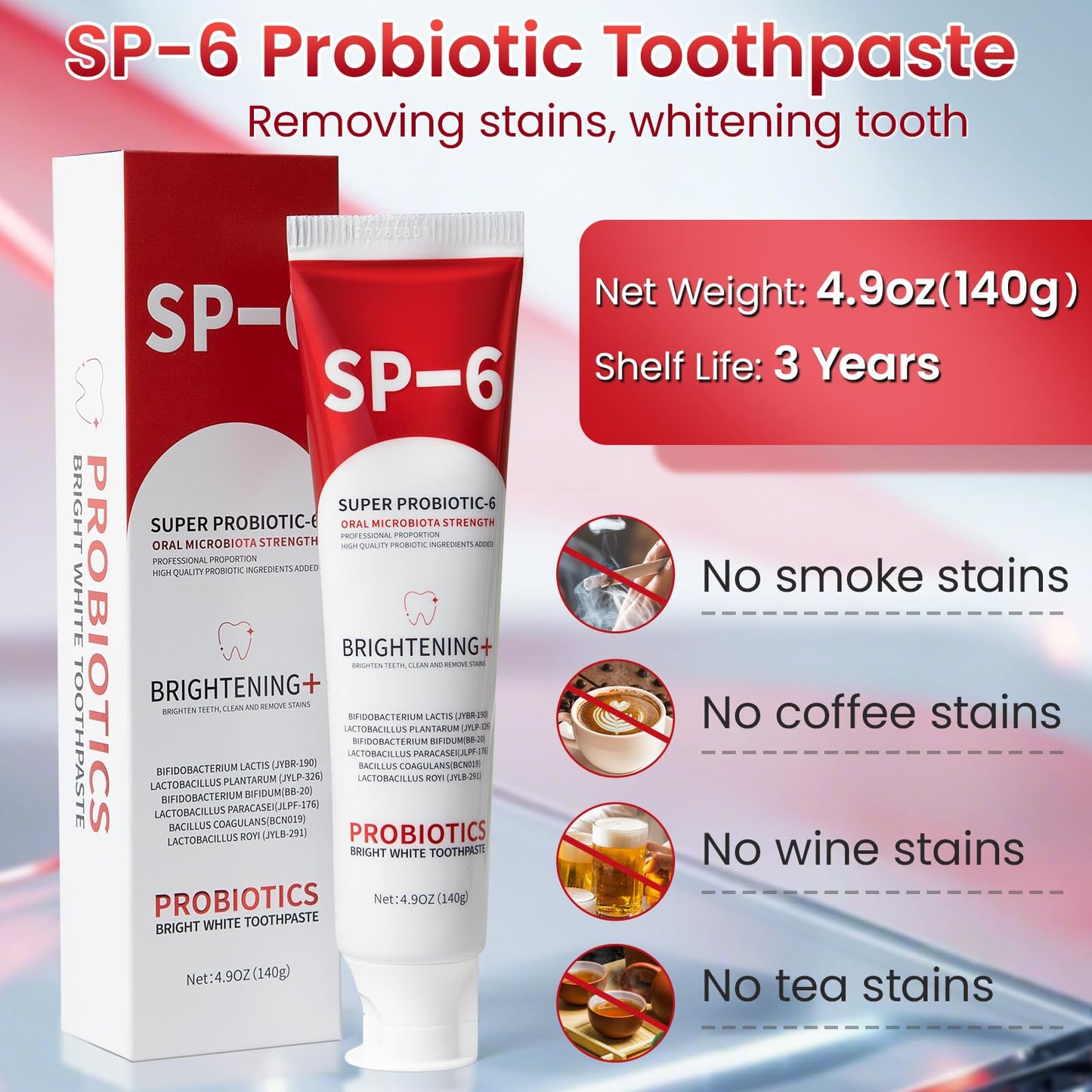 SP-6 Probiotic Whitening Toothpaste – 6 Probiotics, Enamel-Safe, Fluoride-Free, Fresh Mint