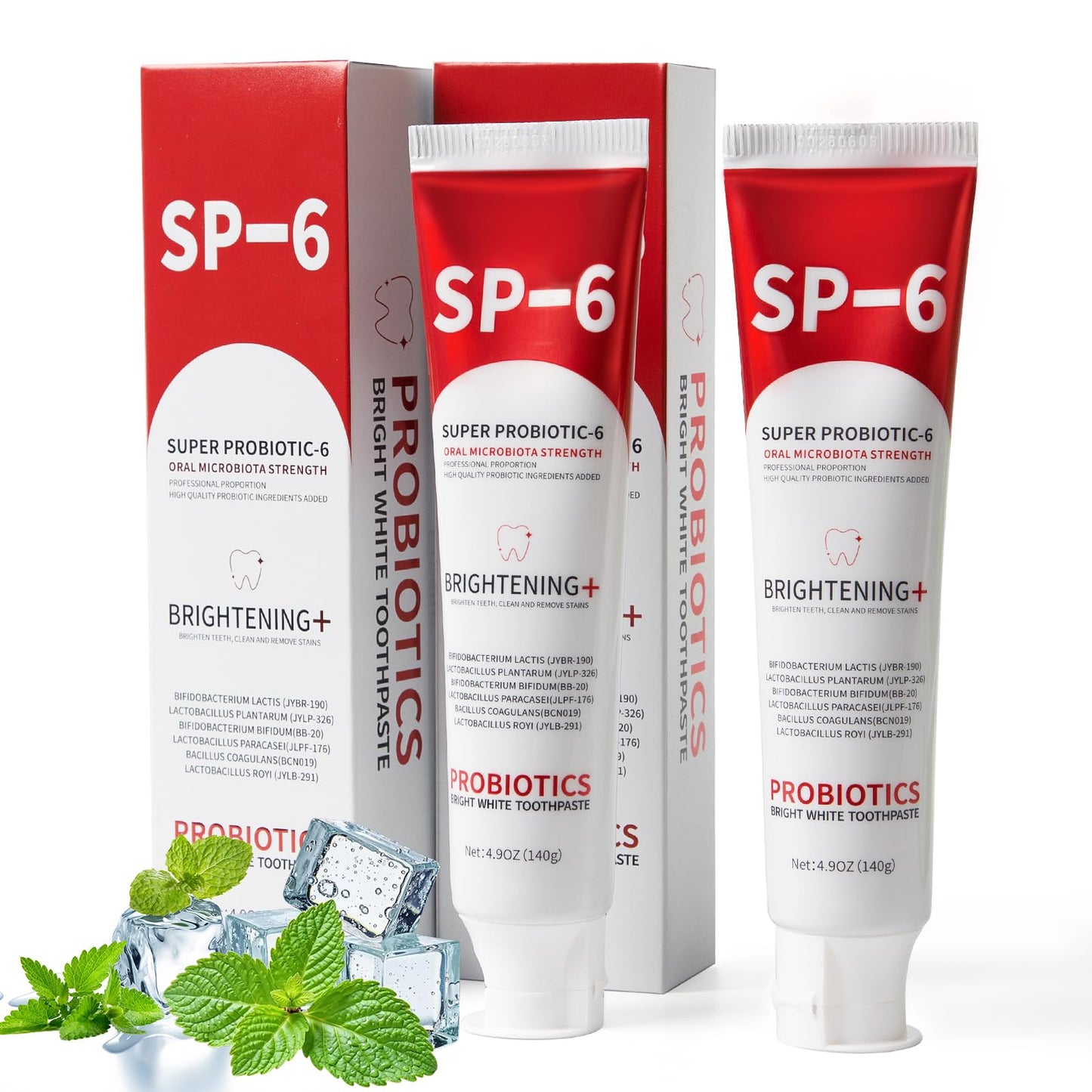 SP-6 Probiotic Whitening Toothpaste - 2 Pack, Fluoride-Free, Enamel-Safe Mint 4.9oz