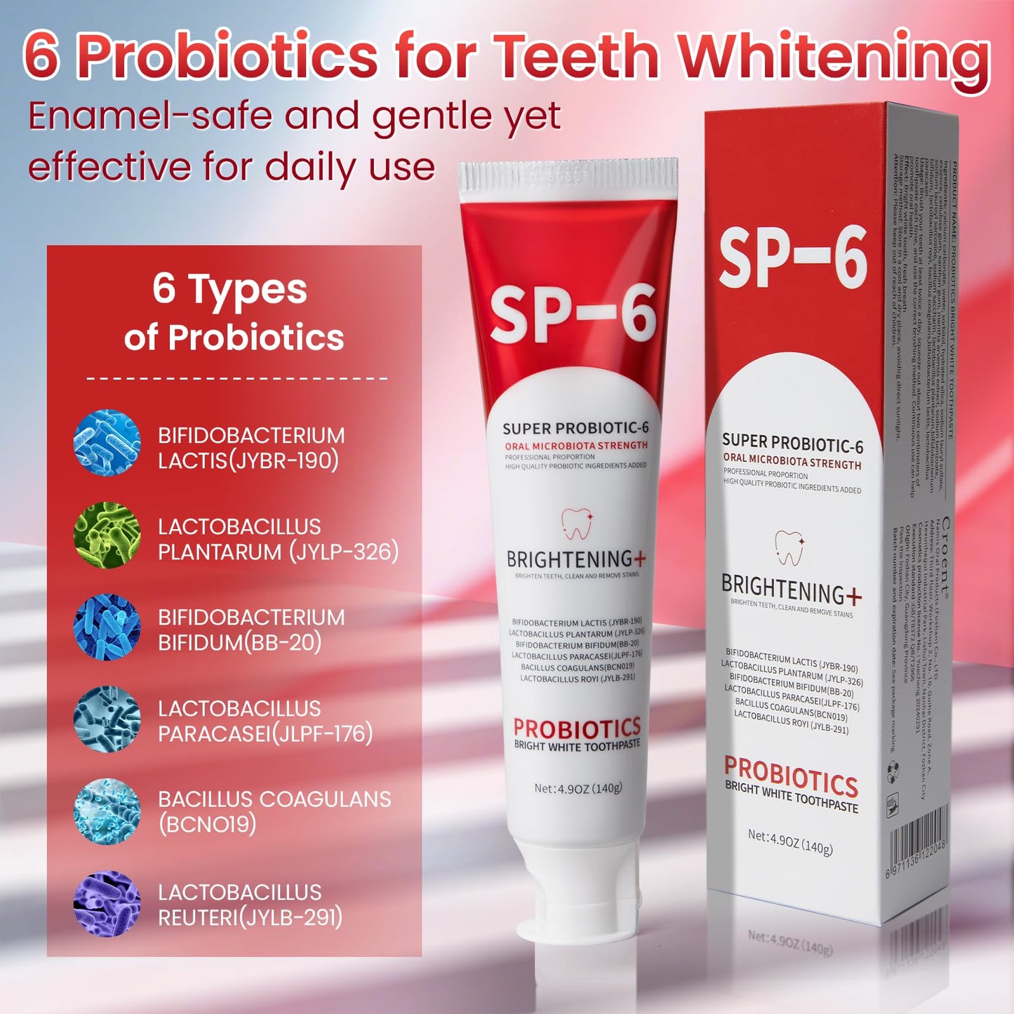 SP-6 Probiotic Whitening Toothpaste – 6 Probiotics, Enamel-Safe, Fluoride-Free, Fresh Mint