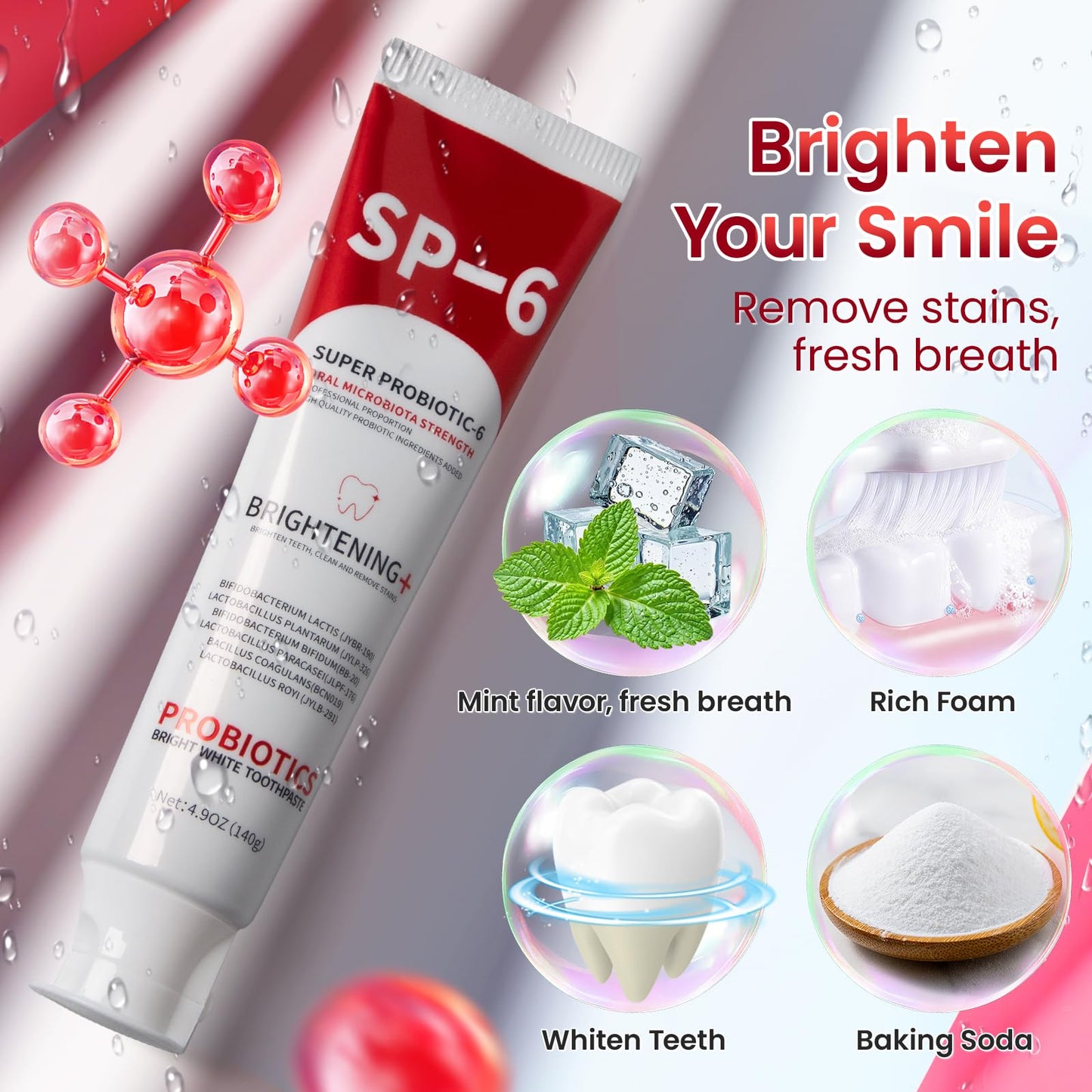 SP-6 Probiotic Whitening Toothpaste - 2 Pack, Fluoride-Free, Enamel-Safe Mint 4.9oz
