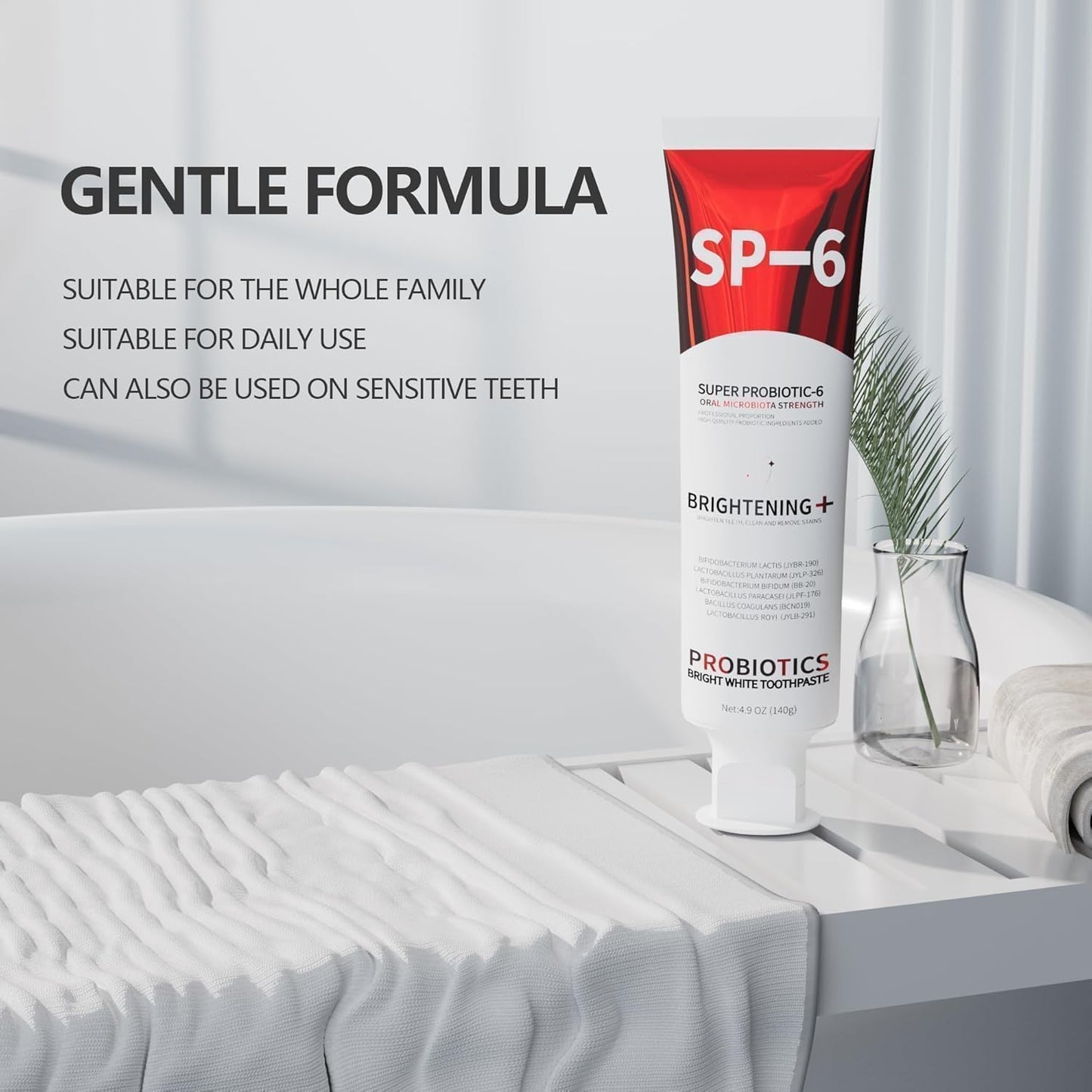 SP-6 Probiotic Whitening Toothpaste - 2-Pack, 4.9 oz Each | 6 Probiotics, Enamel Protection, Fluoride-Free, Fresh Mint