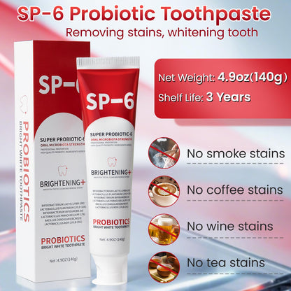 SP-6 Probiotic Whitening Toothpaste - 2 Pack, Fluoride-Free, Enamel-Safe Mint 4.9oz