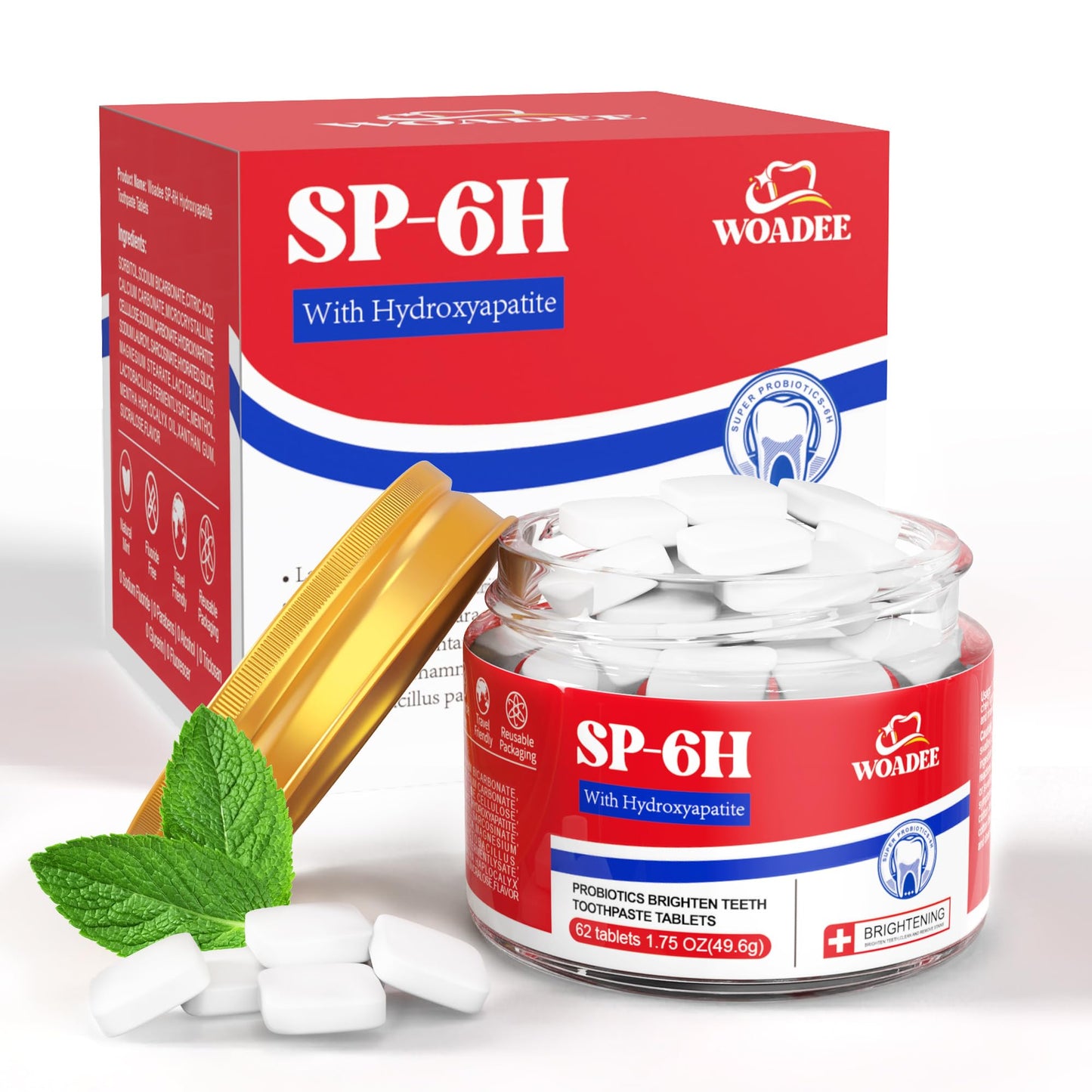 SP-6 Probiotics & Hydroxyapatite Toothpaste Tablets - Remineralizing, Fluoride-Free Whitening (62 Count)