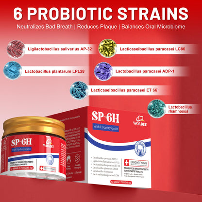 SP-6 Probiotics & Hydroxyapatite Toothpaste Tablets - Remineralizing, Fluoride-Free Whitening (62 Count)