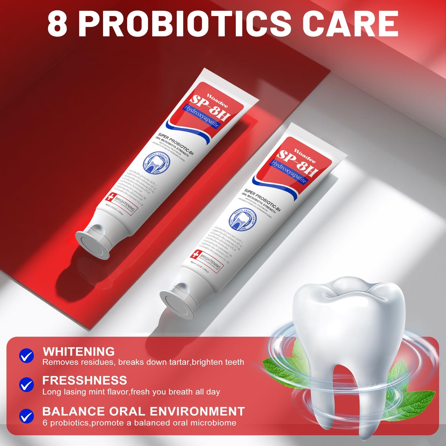 SP-8 Hydroxyapatite Probiotic Whitening Toothpaste – 8 Probiotics + Hydroxyapatite Formula for Whitening, Enamel Protection, Mint Flavor, Fluoride-Free