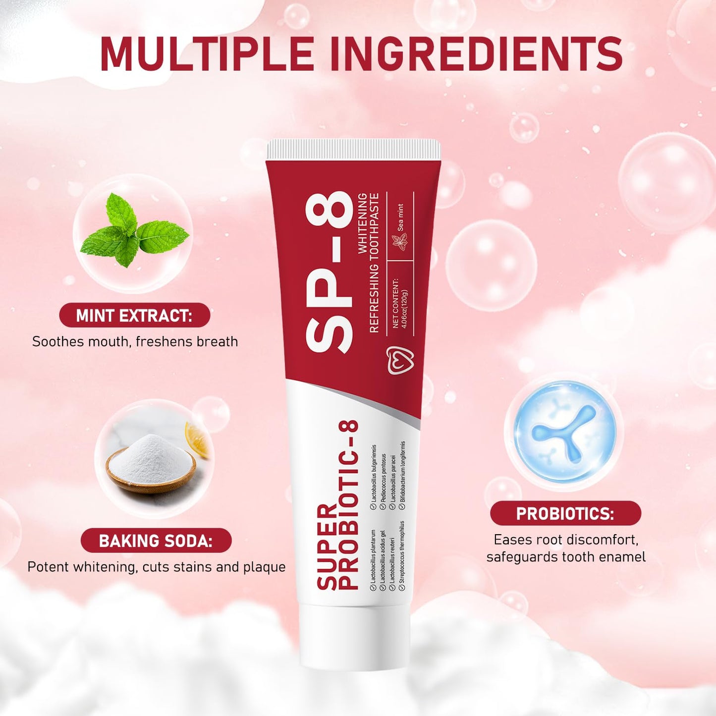SP-8 Probiotics Whitening Toothpaste – Fluoride-Free, Probiotic-Infused, Ultra Fresh Mint (2 Pcs)