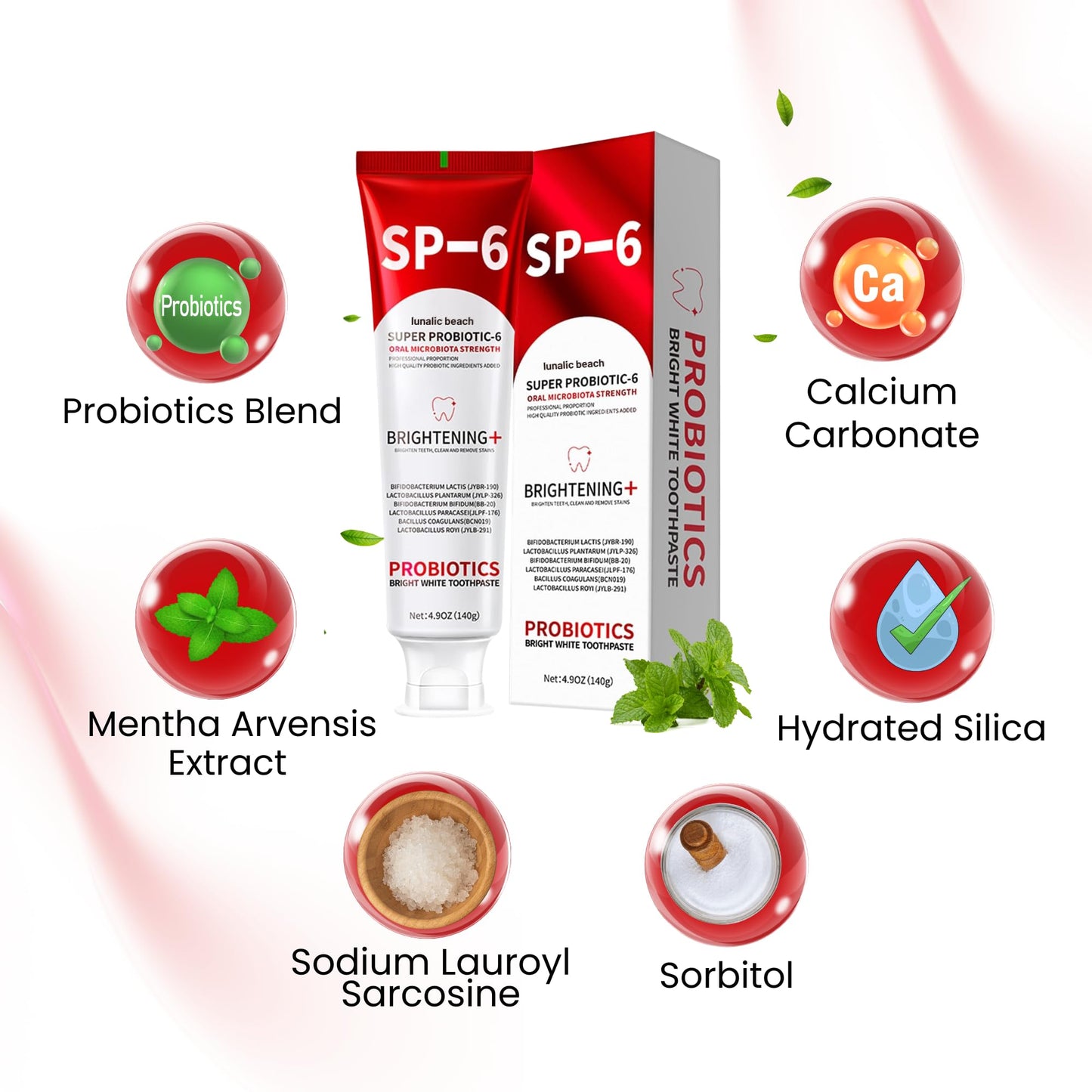 SP6 Toothpaste 3-Pack – Probiotic Whitening, Gum Health, Fluoride-Free, Mint 4.9 oz