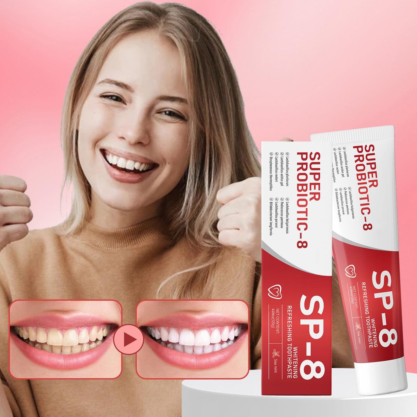 SP8 Probiotics Whitening Toothpaste - Fluoride-Free, Probiotic-Infused Formula, Ultra Fresh Mint 4.23oz 2-Pack