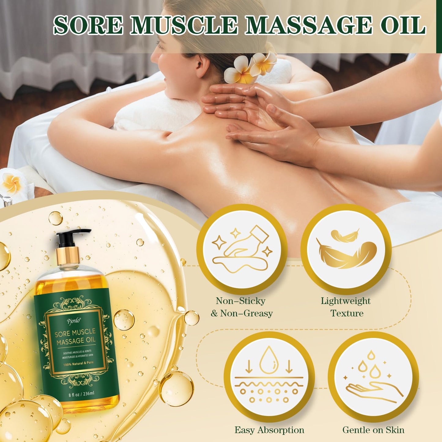 Pjordo Sore Muscle Massage Oil – 8 oz, Lavender, Arnica & Chamomile