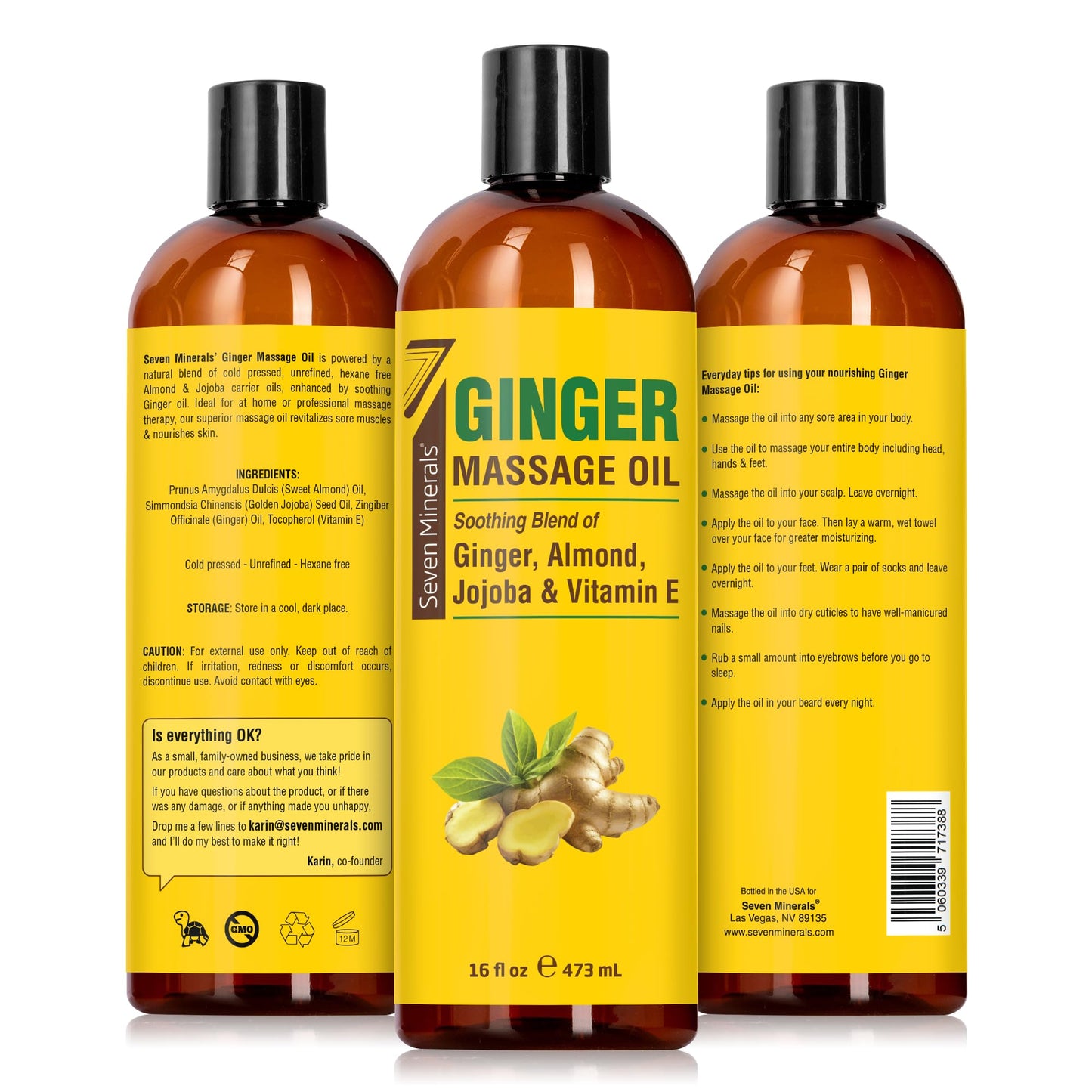 Seven Minerals Ginger Massage Oil for Lymphatic Drainage – 16 oz – Therapeutic Grade Essential Oils