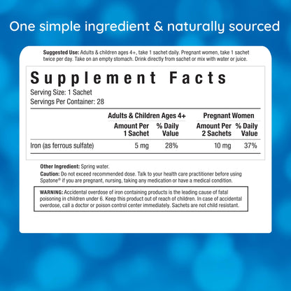 Spatone Natural Liquid Iron Supplement for Women, Men & Kids 4+ | 5 mg per 20 mL Sachet