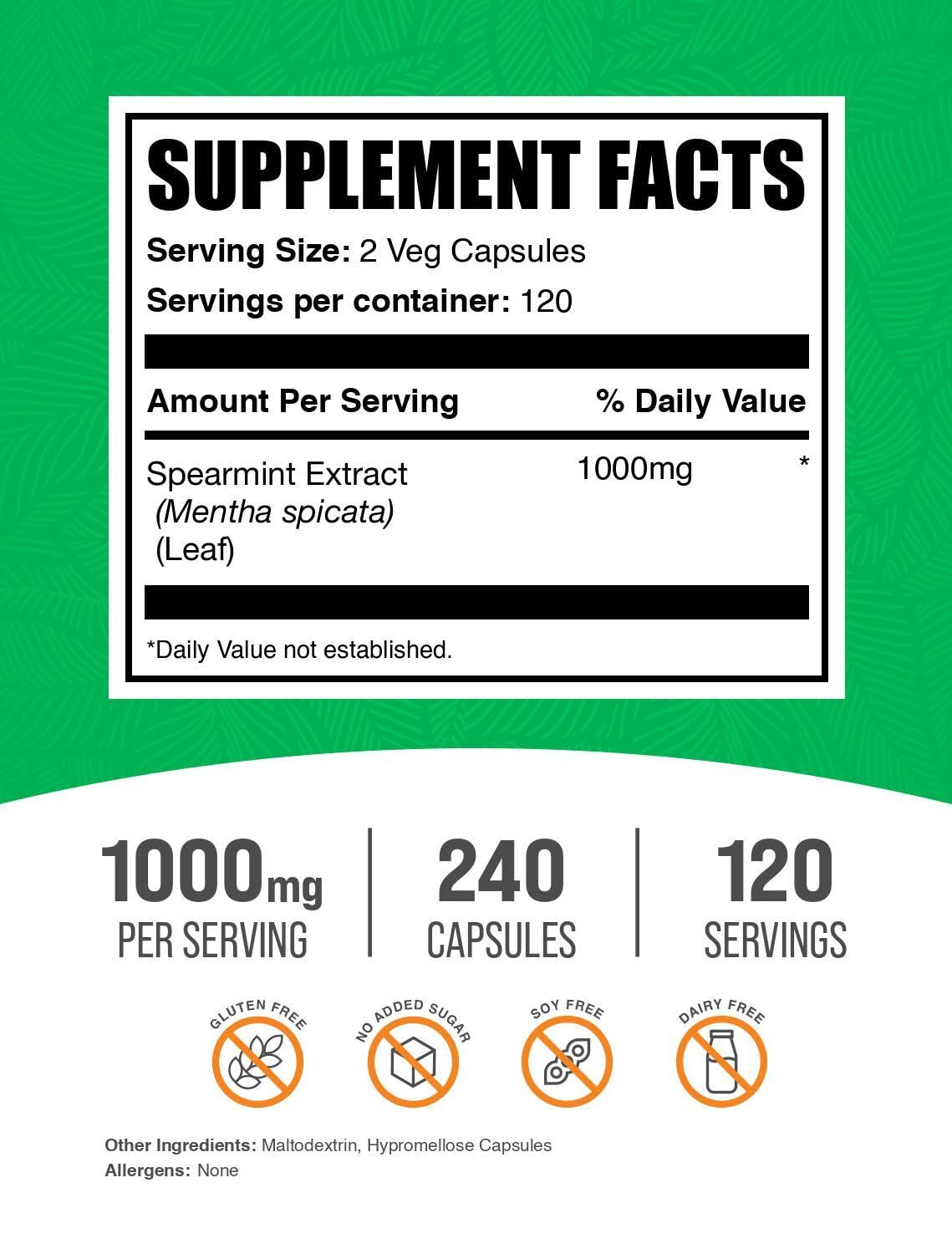BulkSupplements.com Spearmint Extract Capsules - Vegan, 240 Count (2 Capsules per Serving)