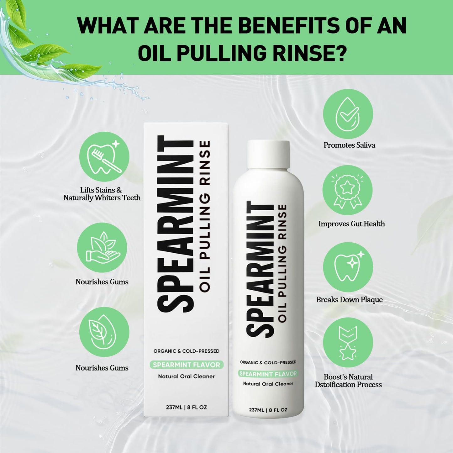 Spearmint Oil Pulling Rinse – Organic Coconut Oil & Mentha Haplocalyx, Fresh Breath & Healthy Gums, 8 fl oz