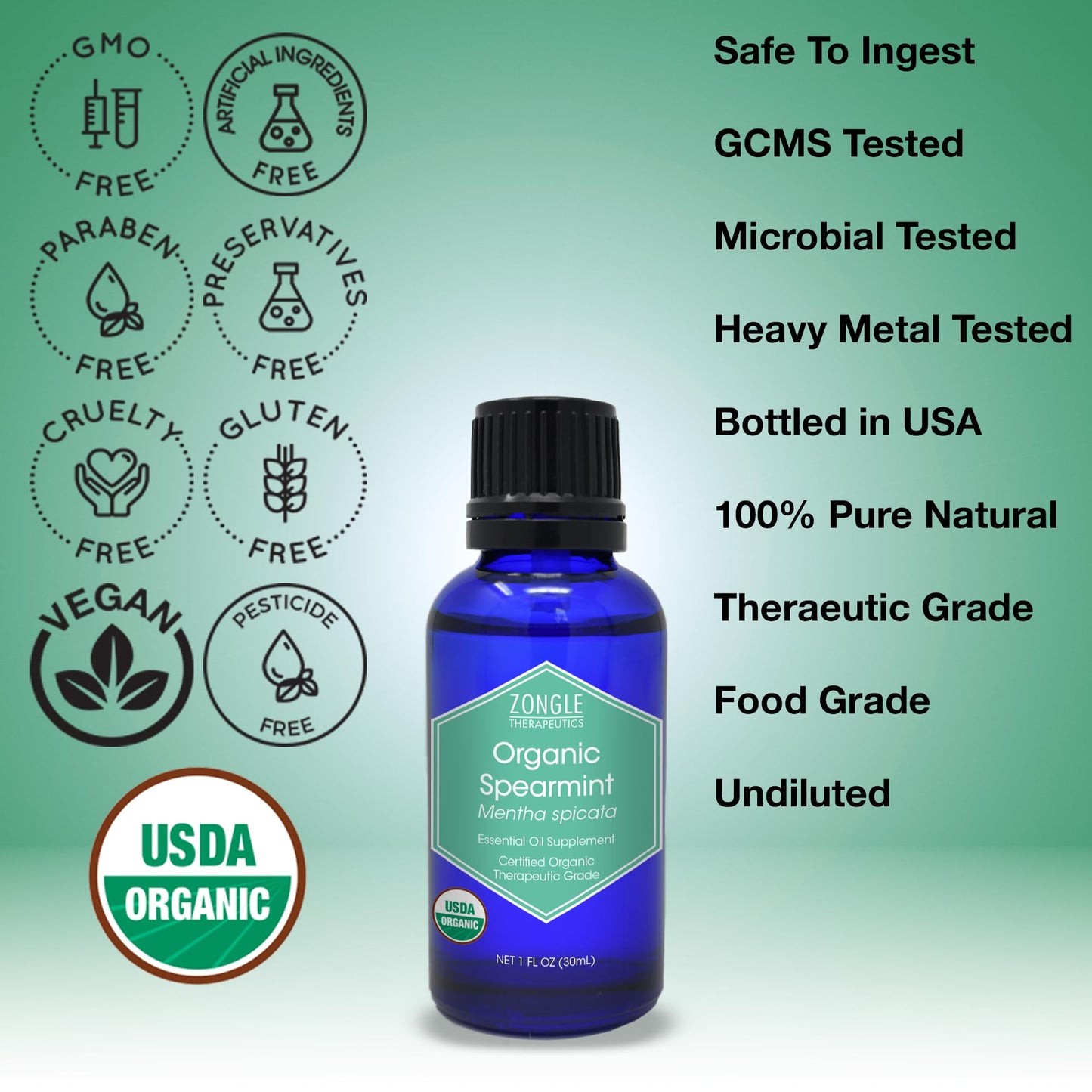 Organic, Spearmint Oil, Food, Grade, for Facial Hair, PCOS, Hair Removal – 100% Pure, Therapeutic, Spearmint Essential Oil, by Zongle Therapeutics, 1 OZ