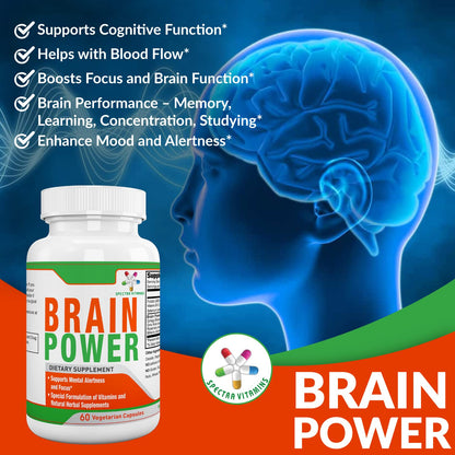 Spectra Vitamins Brain Power – Focus, Memory & Alertness Nootropics | Ginkgo Biloba & Gotu Kola | 60 Capsules