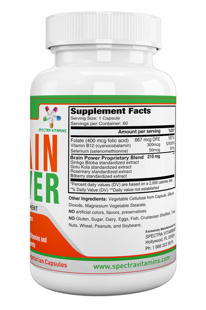 Spectra Vitamins Brain Power – Focus, Memory & Alertness Nootropics | Ginkgo Biloba & Gotu Kola | 60 Capsules