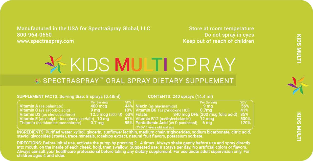 Spectraspray Kids Multivitamin Oral Spray - 10 Essential Vitamins, D3 500IU & B12 Active Form for Immune Support, Back-to-School, 30 Day Supply