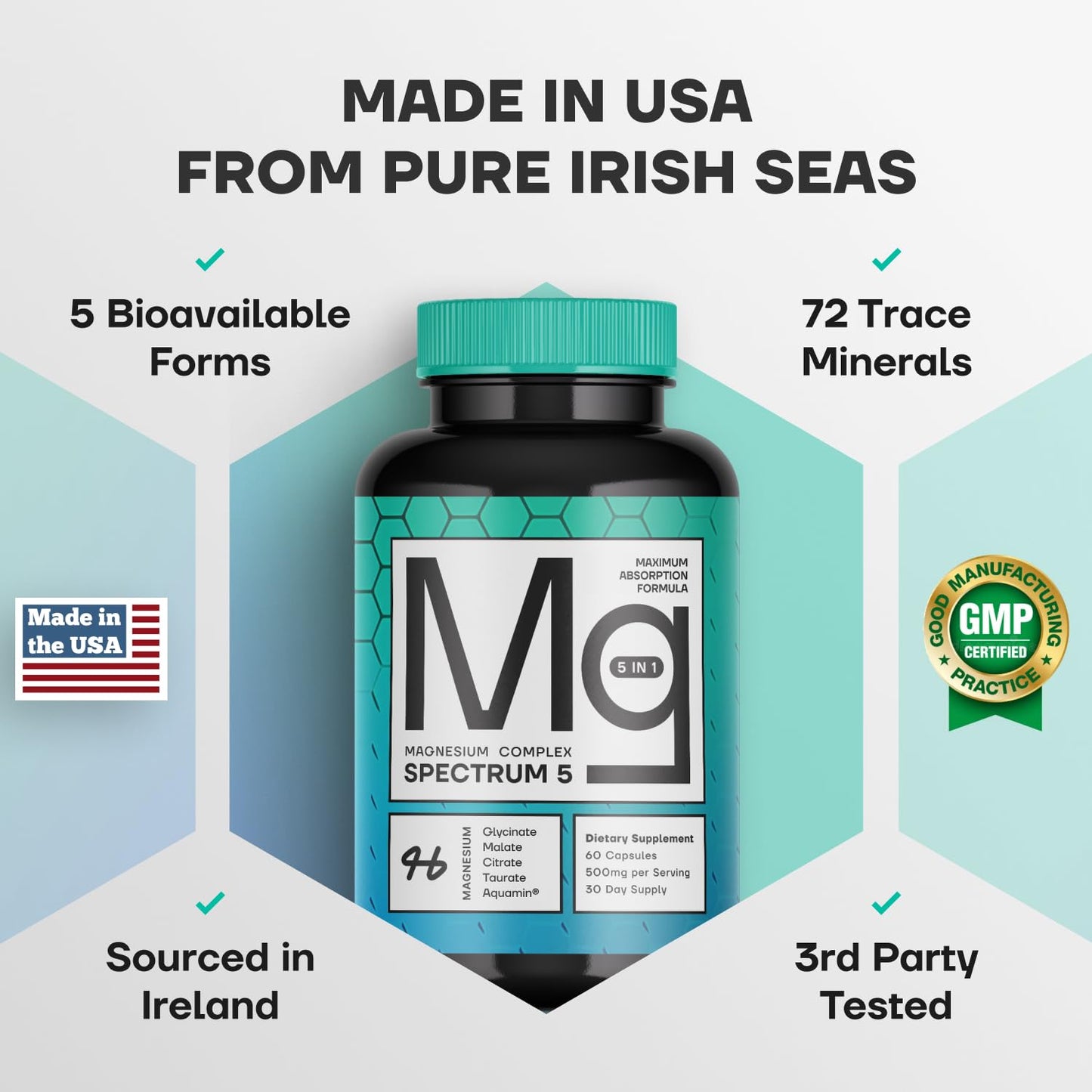 Spectrum 5 Magnesium | 5-in-1 Complex + 72 Trace Minerals for Enhanced Absorption | Irish Sea Sourced | 500mg per Serving | Made in USA, Third Party Tested, GMP Certified