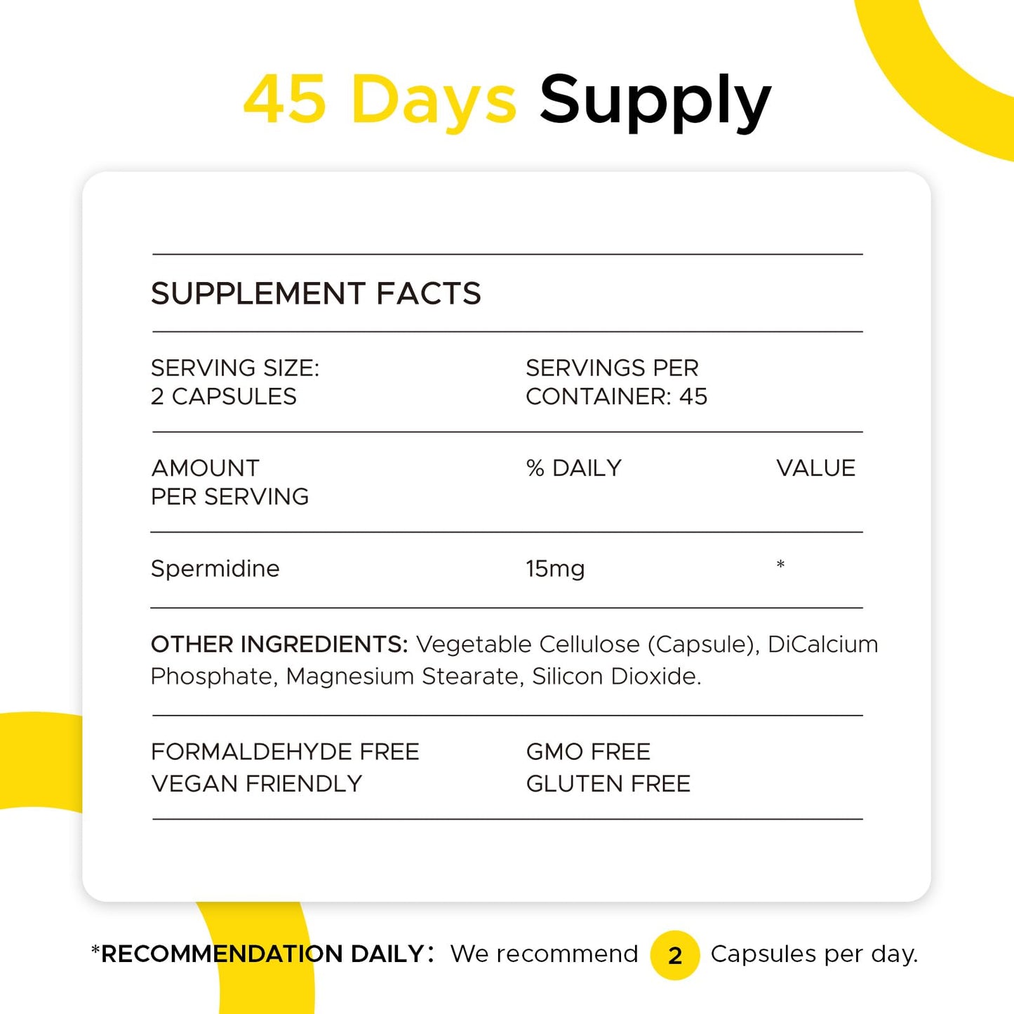 Spermidine 90 Capsules – Pure 15 mg per Serving for Energy Support, Cellular Vitality & Arginine, 45 Servings per Bottle