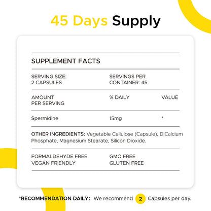Spermidine 90 Capsules – Pure 15 mg per Serving for Energy Support, Cellular Vitality & Arginine, 45 Servings per Bottle