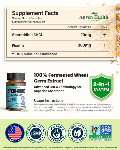 Spermidine & Fisetin Supplement – 20mg Spermidine, 300mg Fisetin | 90 Veggie Caps | Made in USA