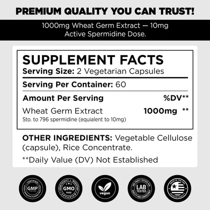 Spermidine Supplement 1000mg – 120 Capsules | Wheat Germ Extract | Cellular Renewal & Cognitive Support | Vegan, Non-GMO, Gluten-Free | Made in USA