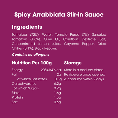 Spicy Arrabbiata Stir-in Sauce 260g – Low FODMAP, Gluten Free & Vegan