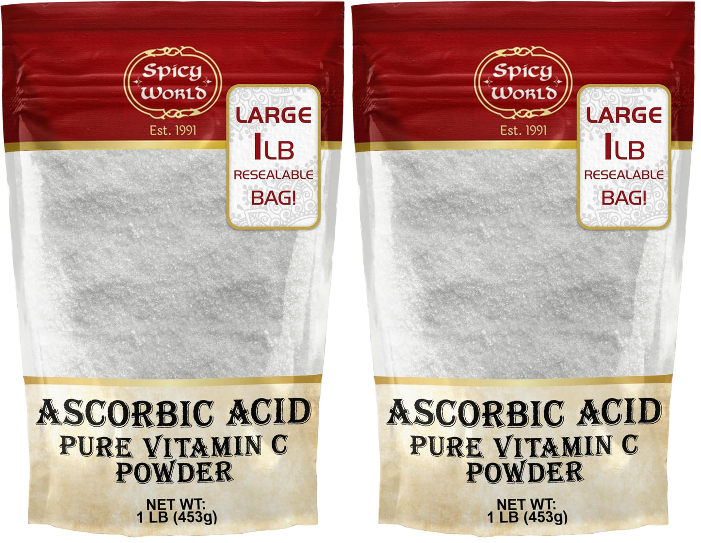 Spicy World Ascorbic Acid 1 LB Bulk Bag - Pure Vitamin C Powder - 100% Pure, Food Grade, Can be Used for Canning, Fruit, Pools - USP Grade (Pack of 2)