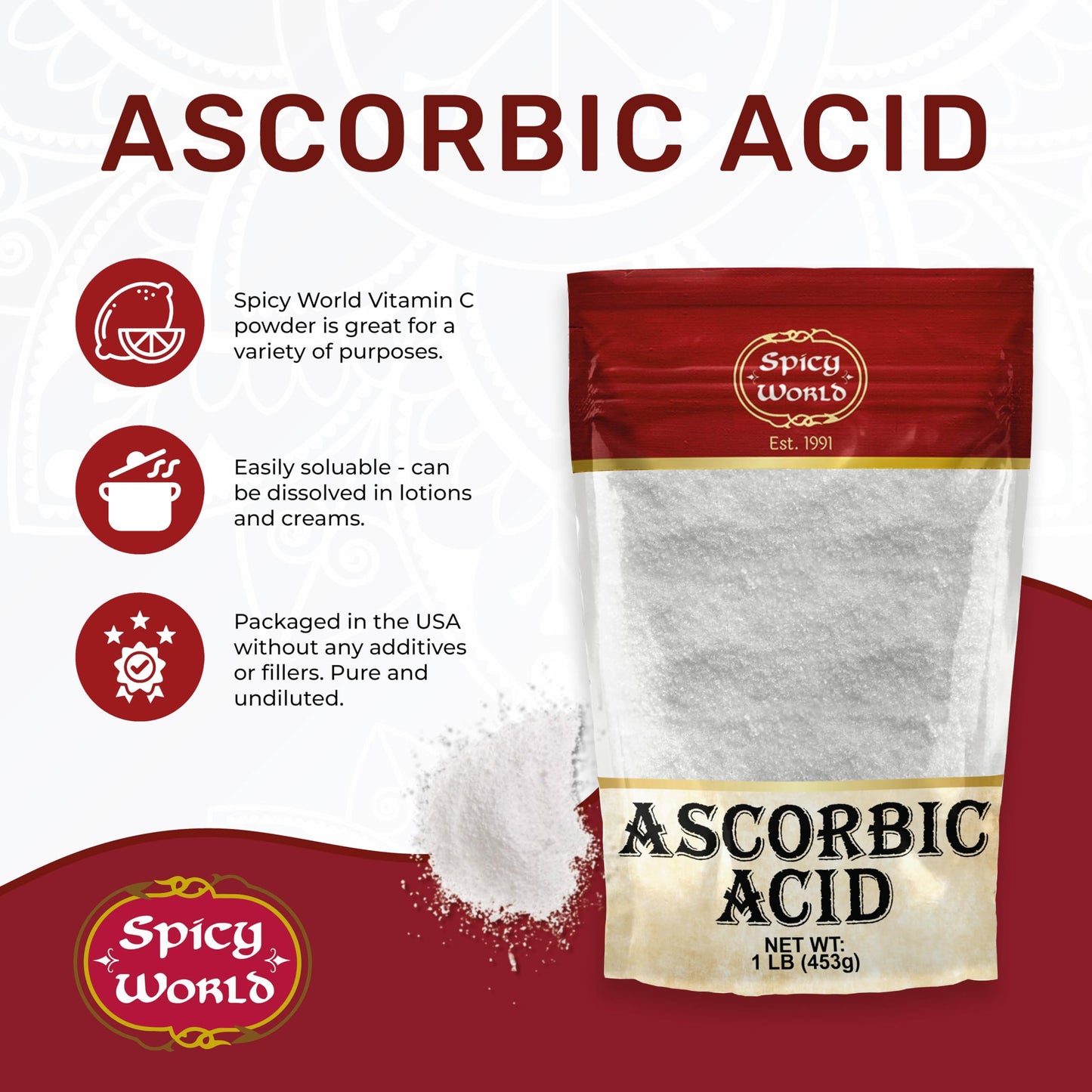 Spicy World Ascorbic Acid 1 LB Bulk Bag - Pure Vitamin C Powder - 100% Pure, Food Grade, Can be Used for Canning, Fruit, Pools - USP Grade (Pack of 2)