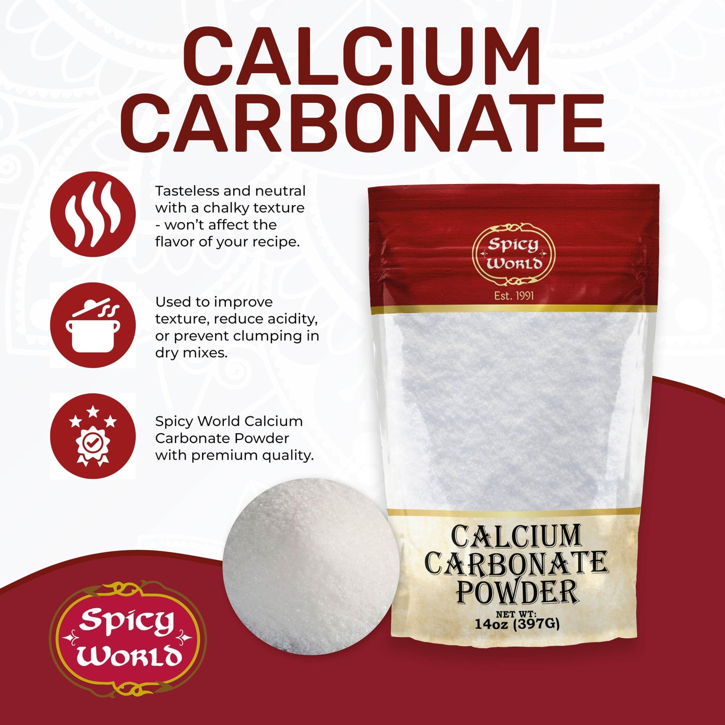 Spicy World Calcium Carbonate Powder 14oz – Dietary Supplement, Food Preservative, Acid Neutralizer