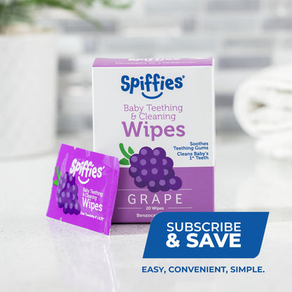 Spiffies Baby Teeth Wipes - Grape Flavor, Xylitol Dental Wipes for Teething Relief & Cleaning (20 Count, 3 Pack)