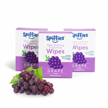Spiffies Baby Teeth Wipes - Grape Flavor, Xylitol Dental Wipes for Teething Relief & Cleaning (20 Count, 3 Pack)