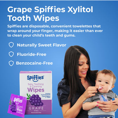 Spiffies Baby Teeth Wipes - Grape Flavor, Xylitol Dental Wipes for Teething Relief & Cleaning (20 Count, 3 Pack)
