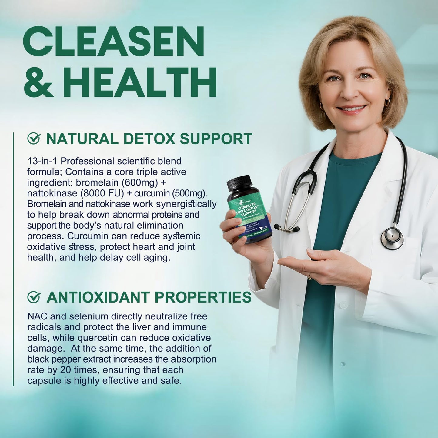 Spike Protein Detox Capsules – 8000 FU Nattokinase, Bromelain & Curcumin, 13-in-1 Immune Support