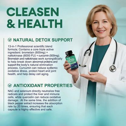 Spike Protein Detox Capsules – 8000 FU Nattokinase, Bromelain & Curcumin, 13-in-1 Immune Support