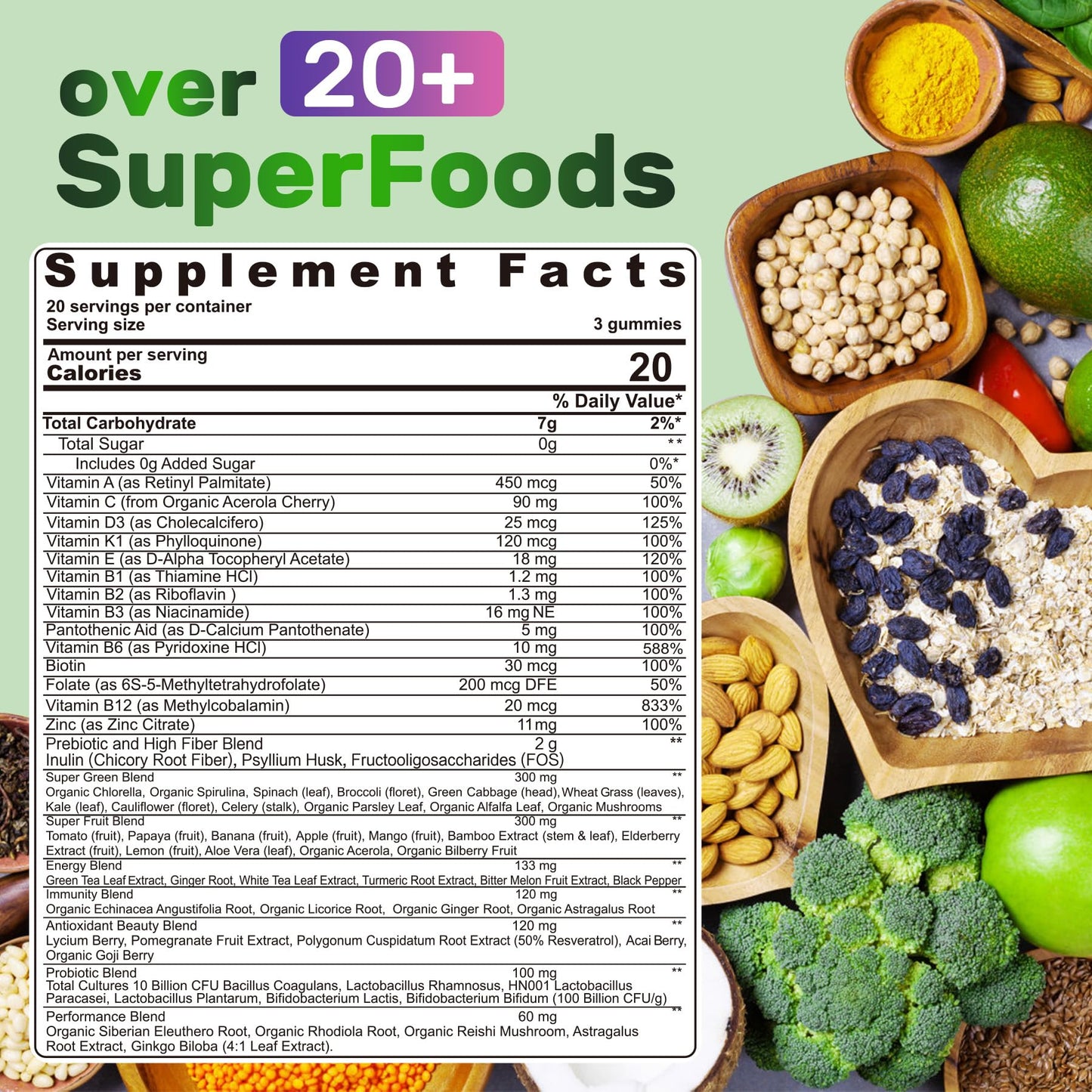 Super Greens Gummies – Spirulina & Chlorella with Probiotics & Prebiotic Fiber (60 Ct)