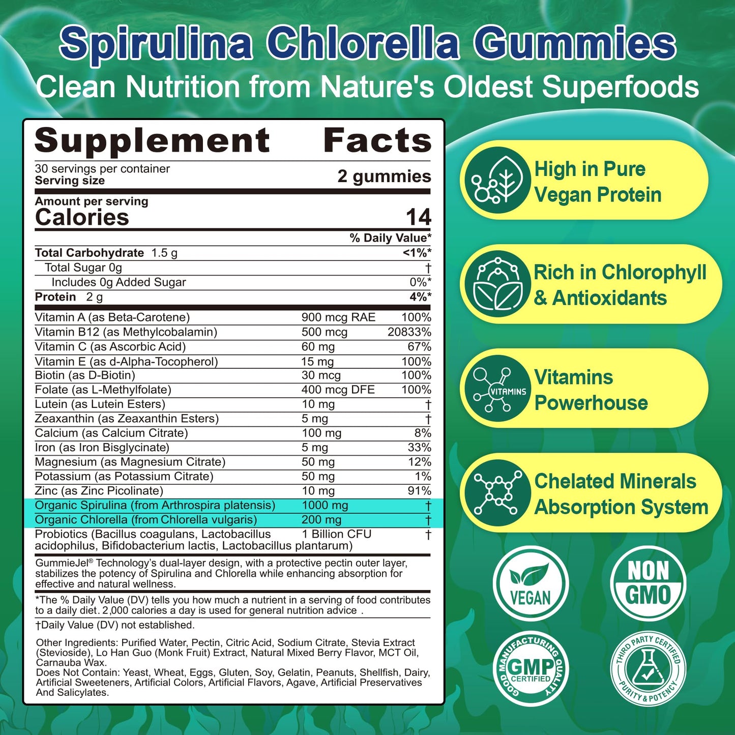 Organic Spirulina & Chlorella Gummies – Probiotic & Super Greens Supplement, 60 Count